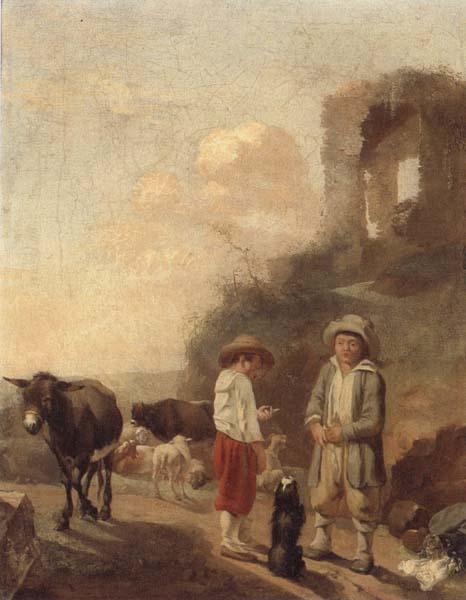 unknow artist A landscape with young boys tending their animals before a set of ruins France oil painting art